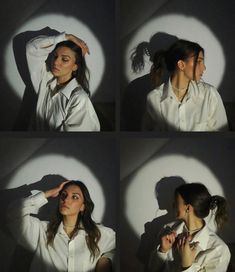 four images of a woman wearing a white shirt and holding her hair in the air