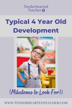 Typical 4 Year Old Development:Milestones to Look For: Photo of young boy wearing glasses in a prek classroom. He is resting his hand on his face looking up as though he is thinking. Age 4 Milestones, Age 4 Milestones Year Old, Cognitive Development Activities, Developmental Activities, Early Childhood Educator, Kids Milestones, Mommy Tips, First Year Teachers