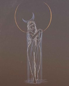 a drawing of a woman standing in front of the moon