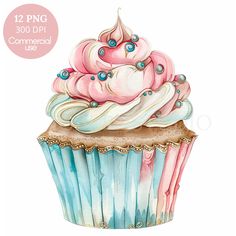 a watercolor painting of a cupcake with pink frosting