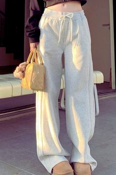 Full-length Sweatpants For Spring Leisure, Full Length Pants With Drawstring, Athleisure Trousers For Fall, Fall Athleisure Pants, Fall Athleisure Trousers, Full Length Drawstring Pants, Fall Leisure Sweatpants, Leisure Straight Pants For Fall, Gray Drawstring Pants For Winter