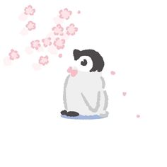 a penguin sitting on the ground with pink flowers coming out of its mouth and blowing it's nose