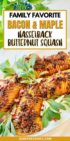 grilled acorn and maple hasselback butternut squash on a white plate