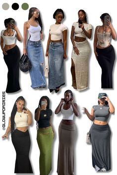 Jeans Top Outfit Ideas, Outfit With Jorts And Crop Top, Y2k With Skirt, Crop Top Over Dress Outfits, Street Skirt Outfits, Grey Maxi Skirt Outfit Black Women, Baddie Long Skirt Outfits, Blouse Corset Outfit, Baggy Top And Skirt