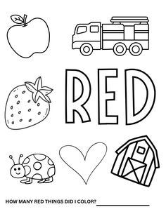 the word red is shown in black and white with pictures of animals, fruits, and other