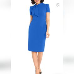 Maggy London Dress Royal Blue Short Sleeves, Zipper On The Back, Bow Tie On The Neck, Midi Length, Pencil Skirt, Nwt, Sz 4. This Is A Beautiful Dress Looks Like A Vintage Style 50's Era. It Is In New With Tags Condition. 18" Chest Armpit To Armpit 15" Shoulders 29" Waist 38" Hips 42" Length Blue Fitted Career Dress, Blue Sheath Dress For Career, Fitted Blue Office Dress, Blue Semi-formal Knee-length Midi Dress, Fitted Blue Midi Dress For Work, Fitted Blue Dresses For Office Wear, Fitted Blue Dress For Office Wear, Elegant Royal Blue Midi Dress With Short Sleeves, Blue Sheath Dress For Work