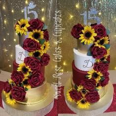 two tiered cake decorated with sunflowers and red roses