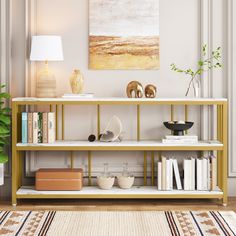 a living room scene with focus on the bookshelf and rug in the foreground