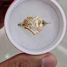 10kt Real Gold Heart Initial M Ring Size 8.75 Weight 1.68 Gm Rose Gold And Yellow Gold Please Check The Picture Carefully To Understand The Size Of The Ring 100% Authentic Gold Not A Gold Filled Or Not A Gold Plated Never Change Color Or Never Fade Never Tarnish Comes In A Beautiful Ring Box M Ring, Authentic Gold, Initial M, Heart Letter, Letter M, Never Change, Beautiful Ring, Gold Heart, Ring Box