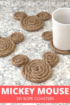 mickey mouse coasters made out of rope with the words, only at dollarcrafter com