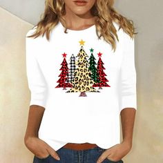 Women's Christmas Printed T-shirt, Medium Length 3/4 Sleeve Shirt, Round Neck Casual Top Features: 1.It is made of materials,durable enought for your daily wearing. 2.Very cool to wear , very new to appearance. 3.Comfortable and pleasant, can wear personality at home or at work. 4.This lightweight, tops is perfect for those Comfortable days! 5.Keep improving in order to make your clothes more comfortable. Product Description: Product information: Season:Four Seasons Gender:Women Occasion:Home,Da Plus Size Christmas Tops, Tree Shirts, Womens Christmas Tops, Comfy Y2k, Mother Of The Bride Suits, Christmas Shirts For Women, Christmas Tee Shirts, Ugly Christmas Shirts, Womens Christmas Shirts