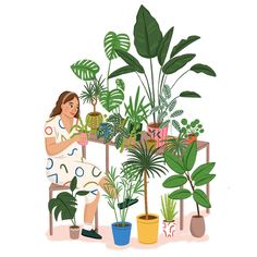 a woman sitting at a table with potted plants in front of her on the floor