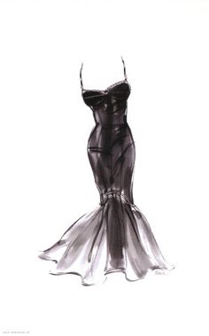 a black and white drawing of a woman's dress with sheer fabric on it