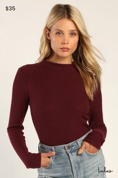 We just know that you and the Lulus Cuddly Couture Burgundy Waffle Knit Mock Neck Top of going to be the coziest of pairs! Soft waffle knit shapes this comfy, sweater-inspired top that has a mock neckline and figure-skimming bodice, framed by long sleeves. Pair this top with your favorite jeans for a look you'll want to wear over and over again! Fit: This garment fits true to size. Length: Size medium measures 21.5" from shoulder to hem. Bust: Great for any cup size. Waist: Fitted - stretchy fab Fitted Waffle Knit Tops For Winter, Winter Fitted Waffle Knit Tops, Cozy Ribbed Knit Top For Fall, Burgundy Knit Top For Fall, Cozy Ribbed Knit Top, Cozy Waffle Knit Tops For Winter, Waffle Knit Top For Winter Layering, Winter Waffle Knit Top For Layering, Stretch Waffle Knit Sweater For Fall