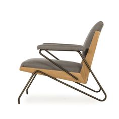 a chair that is made out of metal and wood with a grey fabric seat pad