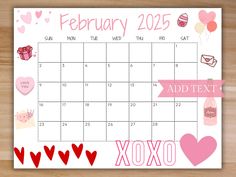 a printable calendar with hearts and balloons for valentine's day on the side