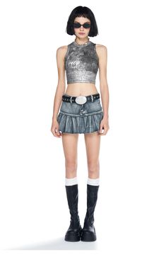 Capture y2k vibes with this classic denim pleated mini skirt. Perfectly ruffled and featuring raw edges, this cotton poly blend is sure to become your go-to item. Style it up or keep it simple. Model is 5'6 108lbs wearing S Y2k Style Fitted Mini Skirt With Ruffles, Y2k Fitted Mini Skirt With Ruffles, Edgy Fitted Cutoff Mini Skirt, Fitted Edgy Denim Skirt For Summer, Casual Fitted Denim Skirt For Party, Y2k Fitted Mini Skirt With Frayed Hem, 90s Denim Mini Skirt For Summer, Y2k Style Fitted Cutoff Denim Skirt, 90s Style Denim Mini Skirt For Summer