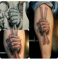 three pictures of different tattoos with hands holding chopsticks in each hand and on the other