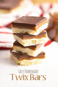 three homemade twix bars stacked on top of each other