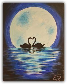 two swans in the water under a full moon with their heads touching each other's necks