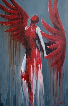 a painting of an angel with blood dripping from its wings