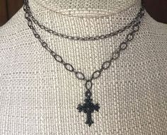 "TEXTURED CHAIN CROSS Gunmetal Black Necklace * Choose Single or Double Choker * Simple * Minimal * Gunmetal Necklace * Black Cross Necklace Choose the single cross necklace or the double necklace:  Double necklace is 2 separate necklaces  DOUBLE NECKLACE - choose :  12\" & 14\",   14\" + 16\",   16\" + 18\",    18\" + 20\",    20\" & 22\"  - each comes with a 3\" extender SINGLE NECKLACE (just the cross necklace) - \" 12\", 14\", 16\", 18\", 20\" or 22\" - each comes with a 3\" extender MATERIA Gunmetal Necklace, Choker Simple, Black Cross Necklace, Single Necklace, Ornate Cross, Cross Choker, Thread Necklace, Double Necklace, Cross Chain