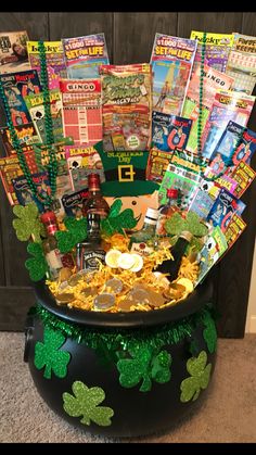 a st patrick's day pot full of goodies for someone to have in their house