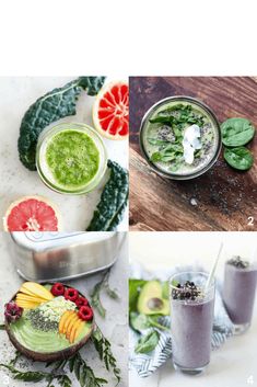 four different shots of smoothies with fruits and vegetables on the side, including grapefruit