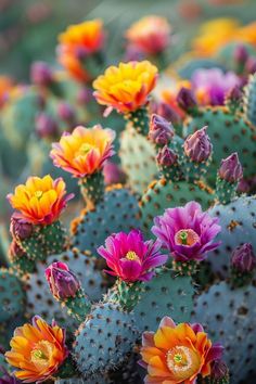 many colorful flowers growing on top of a green cactus plant in a field with other plants behind them