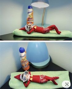 two pictures of a person laying on a towel