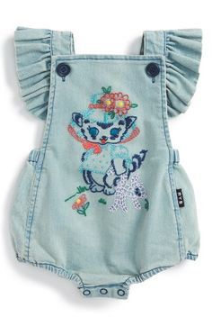 Free shipping and returns on Rock Your Baby Kitty Ruffle Romper (Baby Girls) at Nordstrom.com. With its sweet kitten embroidery and slight bubble silhouette, this darling romper exudes vintage-inspired charm, while light chambray and ruffled sleeves amp up the sunny, summer attitude. Kitten Embroidery, Baby Kitty, Ruffle Romper, Gender Neutral Baby Clothes, Trendy Baby, Ruffled Sleeves, Toddler Fashion