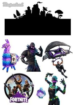 the fortnite characters are depicted in this graphic art work, which includes silhouettes of people and animals