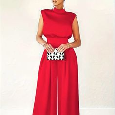 Plus Solid Plicated Mock Neck Wide Leg Jumpsuit, New In Bag Size 3xl High Neck Jumpsuit, High Waist Jumpsuit, Silk Romper, Solid Color Jumpsuits, Satin Jumpsuit, Jumpsuit Elegant, Elegante Casual, Sleeveless Turtleneck, فستان سهرة