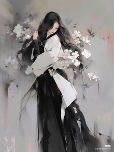 a painting of a woman with long black hair and white flowers in her hand, holding a flower bouquet