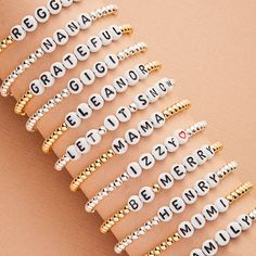 Your words, not ours. This customizable letter beaded bracelet lets you spell-out your style for your own statement stretch bracelet. Whether it’s your name, power phrase, initials, monogram or personal mantra, choose 1-10 letters or numbers to define your vibe, and we’ll tie it all together in a handmade stretch bracelet with gold or silver plated beads. 4mm plated beads with flexible stretch cord Petite or Regular sizing options 6mm glass letter beads Meaningful White Jewelry With Letter Beads, Inspirational White Name Bracelet With Letter Beads, Personalized Letter Beads Bracelets, Personalized White Beaded Bracelets With Letter Beads, Trendy Beaded Bracelets With Letter Print, Inspirational Adjustable Name Bracelet With Letter Beads, White Stretch Bracelet With Letter Beads For Personalized Gift, White Beaded Bracelets With Letter Beads For Personalized Gift, Personalized White Stretch Bracelet With Letter Beads