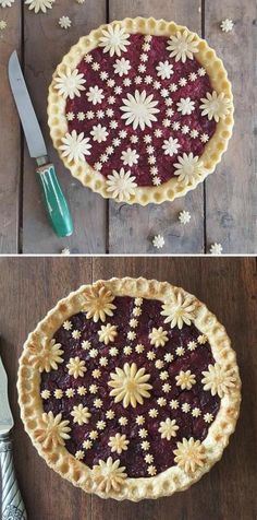 the pie is ready to be cut and put in the oven, then decorated with flowers