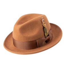 Upgrade your hat game with our Montique Saddle Snap Brim Crushable Wool Felt Fedora Hat featuring a stylish feather accent. Crafted from 100% wool, this hat boasts a sophisticated pinch crown design and a classic 2" brim. Complete with a grosgrain ribbon for added charm, this hat exudes elegance and style. With no lining, it's lightweight and comfortable for all-day wear.     Pinch crown design  Chic feather accent    Snap brim  Solid Color    Built-in sweatband   Made from 100% wool  2" brim  4" Crown   Grosgrain ribbon   No lining for lightweight comfort   Size XL available for an additional $5     H10- Saddle Man Hunter, Happy Hat, Kinds Of Hats, Wool Fedora Hat, Coloured Feathers, Hat Size Chart, Felt Wool, Wool Fedora, Felt Fedora