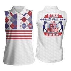 two white shirts with red, white and blue designs on the front one has an american flag