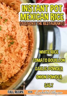 an image of mexican rice in a pot with the title instant pot mexican rice just like the restaurant