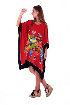 Enjoy this short caftan cover-up. It is ideal for wearing around the house, dressing it up to go out to lunch, or even making a statement on your vacation, or cruise. Easy to wear with endless possibilities. length 38” width 43” Made from 100% soft Rayon Hand-painted design Hand wash in cold water, hang to dry Short Sleeve Poncho For Vacation, Casual Red Tunic For Vacation, One Size Red Poncho For Beach, Red One-size Poncho For The Beach, Red One Size Poncho For The Beach, Red One Size Poncho For Beach, Casual Multicolor Kaftan With Batwing Sleeves, Casual Multicolor Batwing Sleeve Kaftan, Casual Red Printed Kaftan