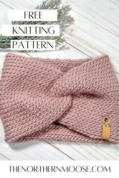 a pink knitted headband with the text free knitting pattern on it and an image of