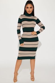 Available In Green/combo And Red/combo. Ribbed Midi Dress Turtle Neck Long Sleeve Gold Snapped Shoulder Detail Stretch Dress Length = 42" Disclaimer: Stripe Pattern May Vary. 68% Rayon 32% Polyester Imported California Proposition 65 WARNING: Cancer and Reproductive Harm - www.P65Warnings.ca.gov. | All Striped Up Ribbed Midi Dress in Green size Large by Fashion Nova Extra Fits, Turtle Neck Long Sleeve, Striped Sweater Dress, Ribbed Midi Dress, Flounce Sleeve, Green Midi Dress, Stretch Dress, Wide Leg Jumpsuit, Xl Dress