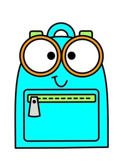 a blue backpack with glasses on it's face and eyes drawn in the shape of a