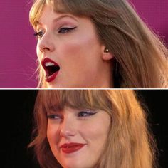 two pictures of taylor swift with their mouths open and one has her eyes closed to the side