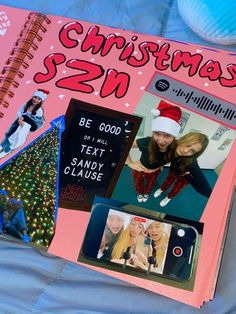 a pink christmas book with pictures on it