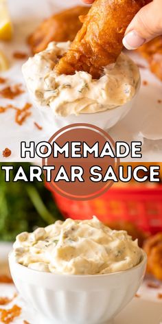 homemade tartar sauce in small white bowls with chicken wings and broccoli on the side