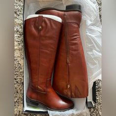 Inc International Concepts Fawne Riding Leather Boots Size 7 Condition New With Box. Inc International Concepts' Fawne Riding Boots Are Fashioned With A Sensible Heel And Studded Pull-Tab Details Bringing A Sleek Silhouette To A Variety Of Looks. Round-Toe Riding Boots Half Zipper Closure At Inner Ankle; Studded Pull-Tab Details At Collar Please Note: Shaft Height And Circumference Will Vary By Size. 1-1/4" Heel V Elastic Gore At Calf For Easy Pull On Comfort Leather Upper; Manmade Sole Casual Cognac Boots Medium Width, Color Boots, Ankle Rain Boots, Cognac Color, Tall Riding Boots, Black Boots Tall, Lace Up Wedges, Slouched Boots, Wide Calf Boots