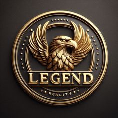 a golden eagle logo with the words legend reality written in gold on a black background