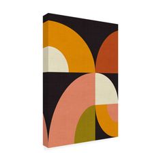 an abstract painting on canvas with black, orange and pink shapes in the background framed print wall art