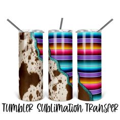 three tumblers with different designs on them and the words tumbler sublimation teaspool